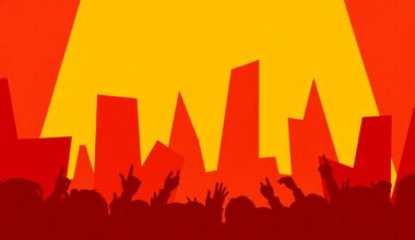 A striking abstract composition of jagged, overlapping geometric shapes in shades of red, brown, and yellow, conceptually representing the energy and spirit of a live country music performance.