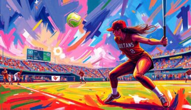 An abstract, energetic painting featuring bold brushstrokes in neon shades of orange, pink, and blue, conveying the intensity and excitement of a high-stakes college softball matchup.
