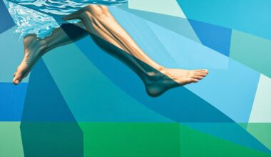 A fractured, geometric painting depicting a swimmer