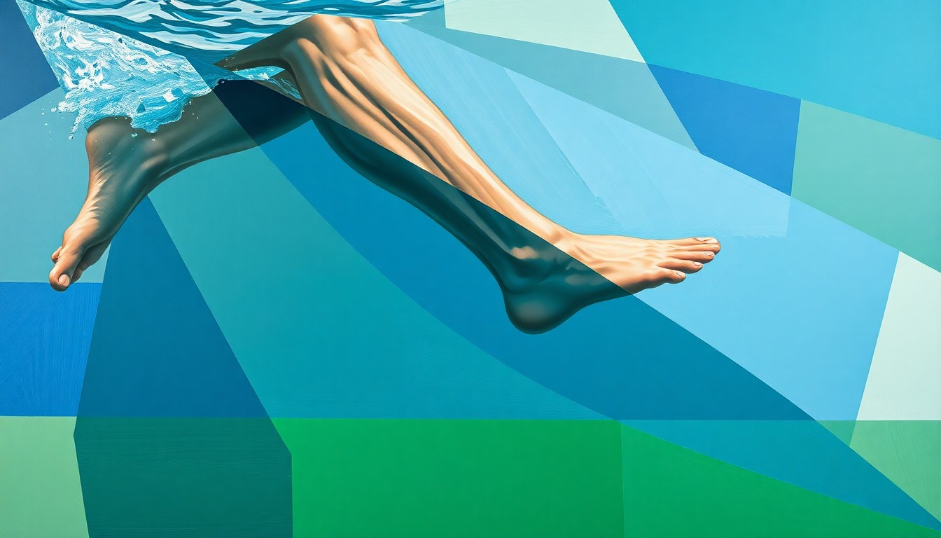 A fractured, geometric painting depicting a swimmer
