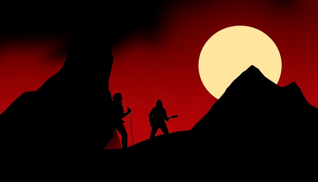 An abstract, minimalist composition featuring bold, jagged geometric shapes in striking red and white, conceptually representing the iconic rock band Journey and the energy of their live performances.