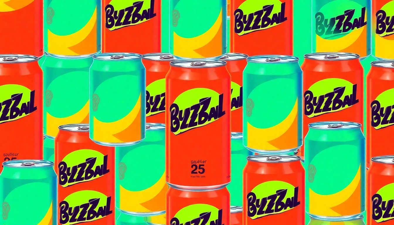 A highly stylized, abstract silkscreen print featuring a repeating grid of neon pink, yellow, and blue BuzzBall beverage cans, conceptually representing the vibrant and playful energy of the oversized BuzzBall display.