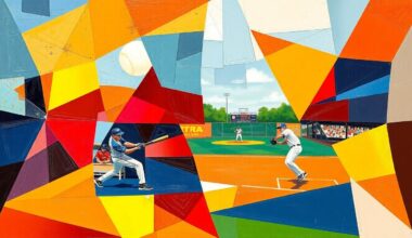 A fractured, cubist-style painting depicting a softball game, with the action broken down into overlapping geometric shapes in the team colors of Plano and Prosper Rock Hill.