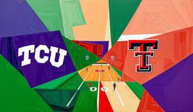 A vibrant, abstract painting depicting a football game through fragmented, overlapping geometric shapes and planes of color, conveying the energy and intensity of the TCU-Texas Tech rivalry.