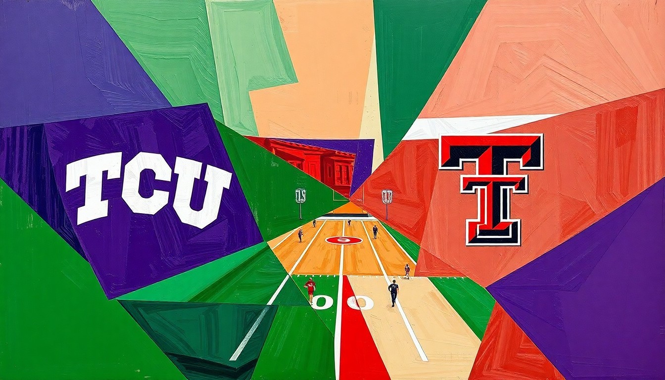 A vibrant, abstract painting depicting a football game through fragmented, overlapping geometric shapes and planes of color, conveying the energy and intensity of the TCU-Texas Tech rivalry.