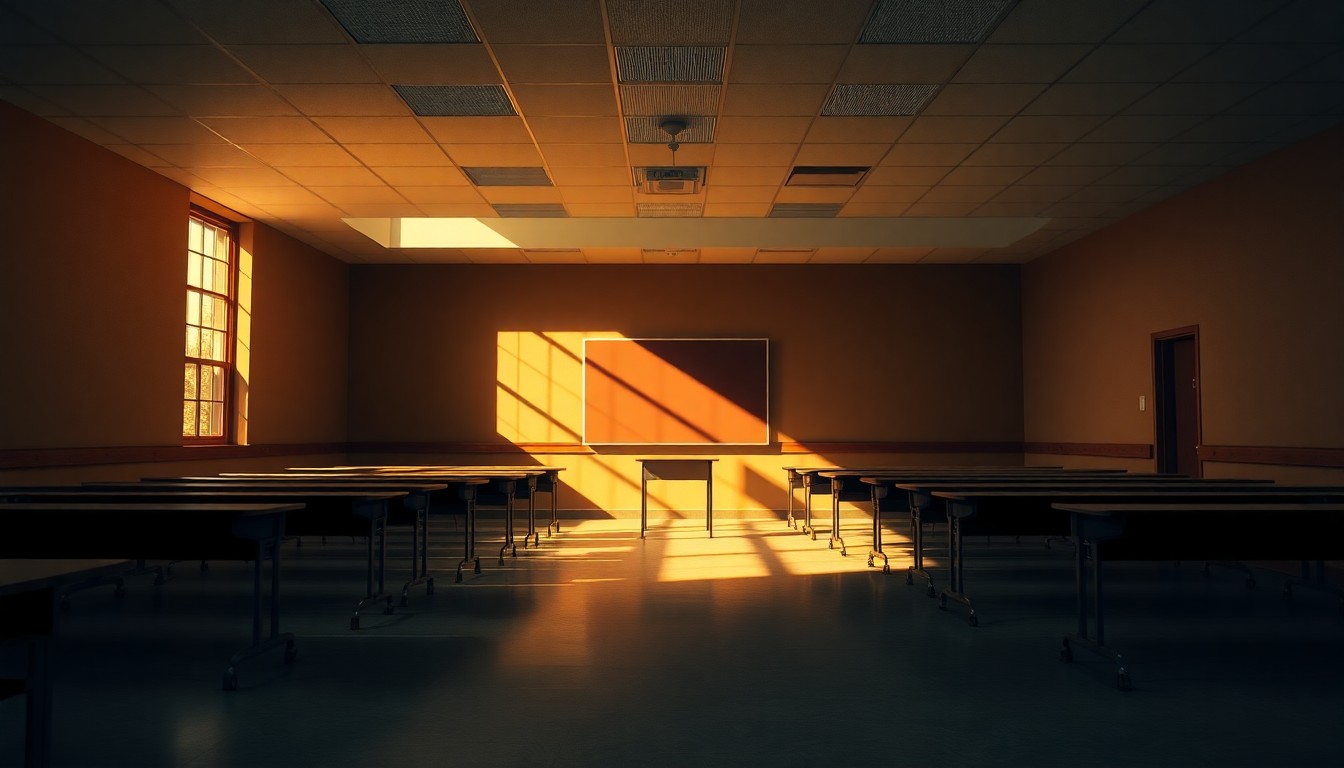 A dimly lit, cinematic classroom interior with desks and chairs cast in warm, golden light and deep shadows, evoking a sense of solitude and contemplation.