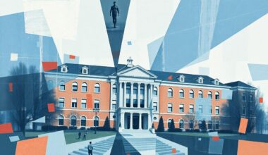 A fractured, abstract painting in shades of blue, grey, and red, with overlapping geometric shapes and lines conveying a sense of disruption and unrest, conceptually representing the controversy over the Texas Tech policy.