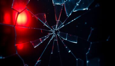 An extreme close-up of shattered glass reflecting a faint red light, conceptually representing the tense, high-stakes world of the play