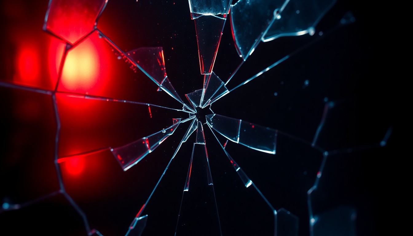 An extreme close-up of shattered glass reflecting a faint red light, conceptually representing the tense, high-stakes world of the play