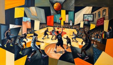 A fragmented, geometric painting depicting a basketball game, with players