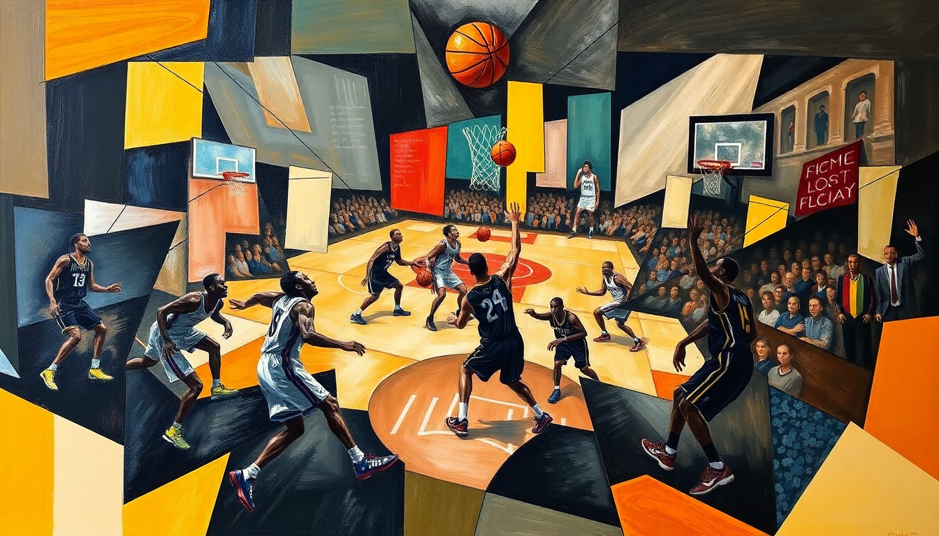 A fragmented, geometric painting depicting a basketball game, with players