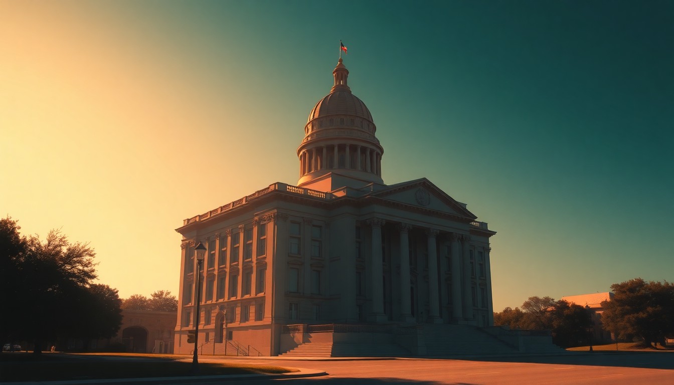 A serene, cinematic painting of the Texas state capitol building, its grand architecture bathed in warm, diagonal sunlight and deep shadows, conveying a sense of quiet contemplation about the role of state government.