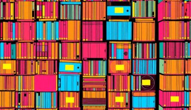 A vibrant, high-contrast silkscreen print featuring a repeating grid of stylized library books in neon colors, conceptually representing the inclusive job training initiatives at the Plano Public Library.