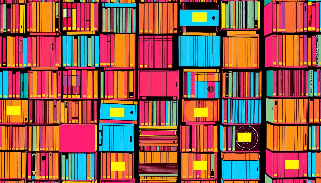 A vibrant, high-contrast silkscreen print featuring a repeating grid of stylized library books in neon colors, conceptually representing the inclusive job training initiatives at the Plano Public Library.