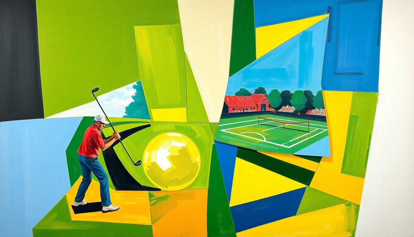 A fragmented, geometric painting depicting a golf match and a tennis match, with overlapping planes of color in green, blue, and yellow, conveying the couple