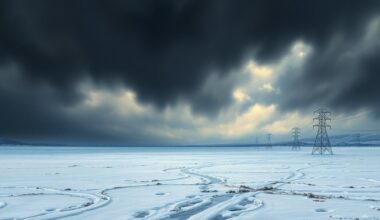 A vast, frozen landscape painting in muted tones of gray, blue, and white, with a heavy, ominous sky overhead, conveying the overwhelming, sublime power of the winter storm that has left thousands without power in Central Texas.