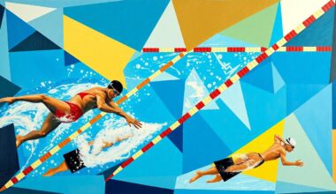 A fractured, geometric painting depicting abstract shapes and forms representing swimmers, water, and the dynamic energy of a swimming competition.