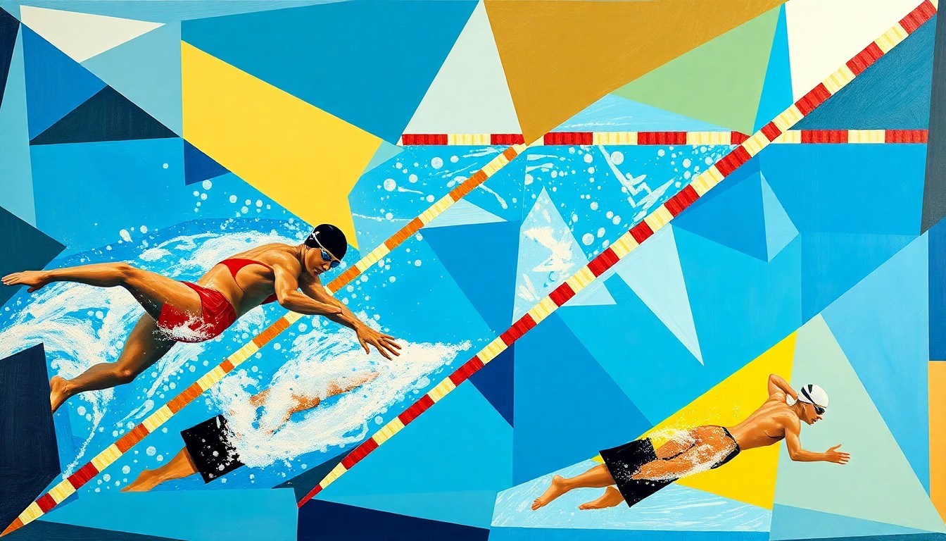 A fractured, geometric painting depicting abstract shapes and forms representing swimmers, water, and the dynamic energy of a swimming competition.