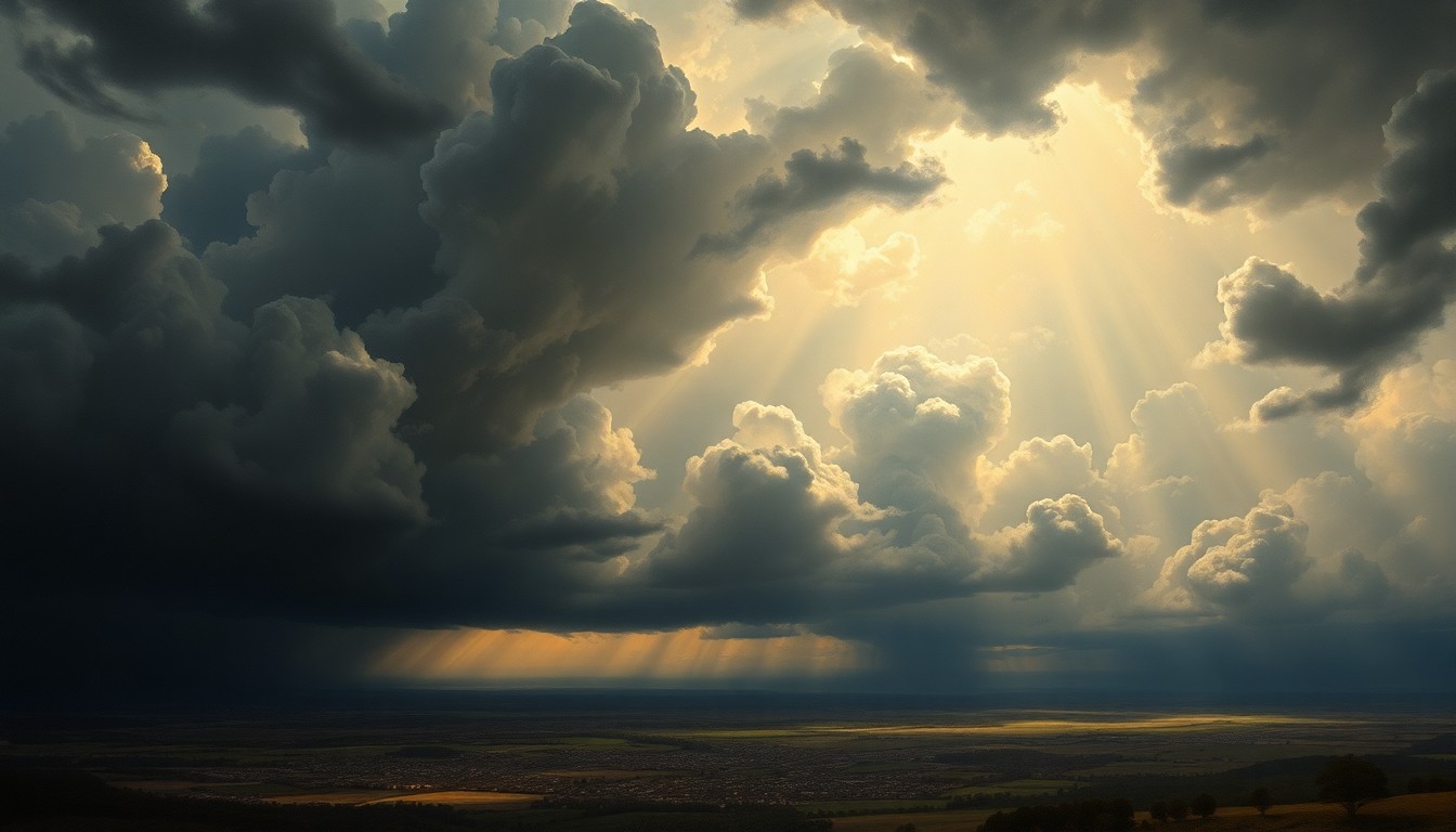 A dramatic, atmospheric landscape painting in muted tones of gray, blue, and gold, depicting a vast, stormy sky with heavy clouds and rays of light breaking through, dwarfing a small town or rural scene below. The composition conveys the overwhelming power and scale of the natural weather elements.