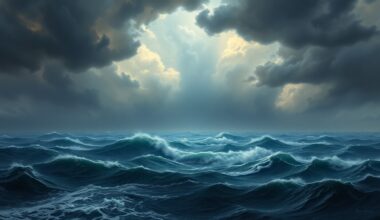 A sweeping, atmospheric landscape painting in muted tones of gray, blue, and green, depicting a turbulent seascape with towering waves and ominous clouds filling the sky, conveying the overwhelming scale and force of an impending coastal storm.
