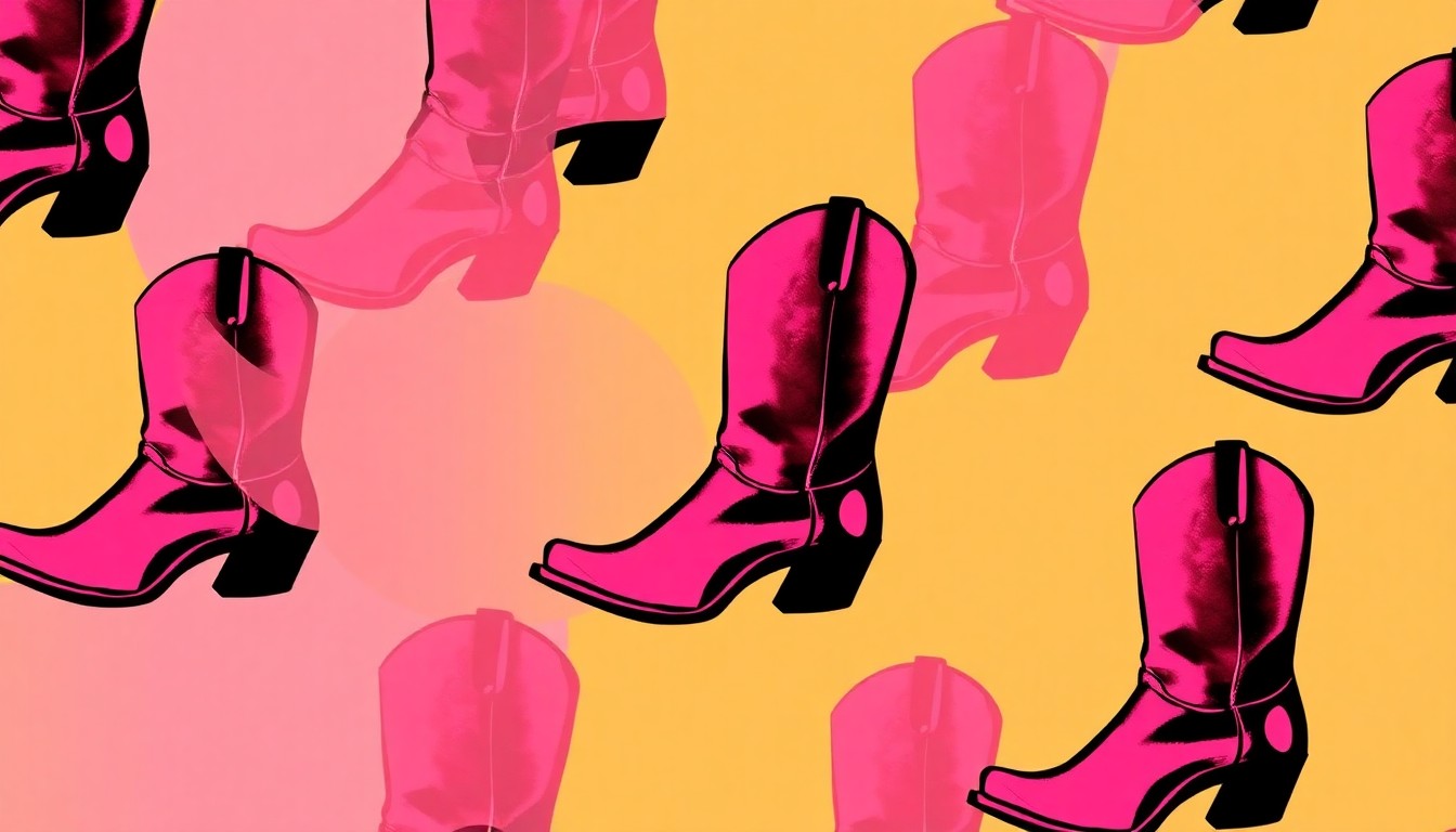 A high-contrast, silkscreen-style illustration featuring a repeated pattern of a single, iconic cowboy boot in a grid, rendered in a bold, neon color palette that captures the modern, artistic spirit of the Chisos Boot Company brand.