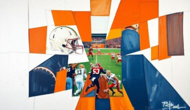A cubist, geometric painting depicting fragmented and overlapping shapes and planes in vibrant colors, representing the complex dynamics of college football and the ongoing debate over academic standards.