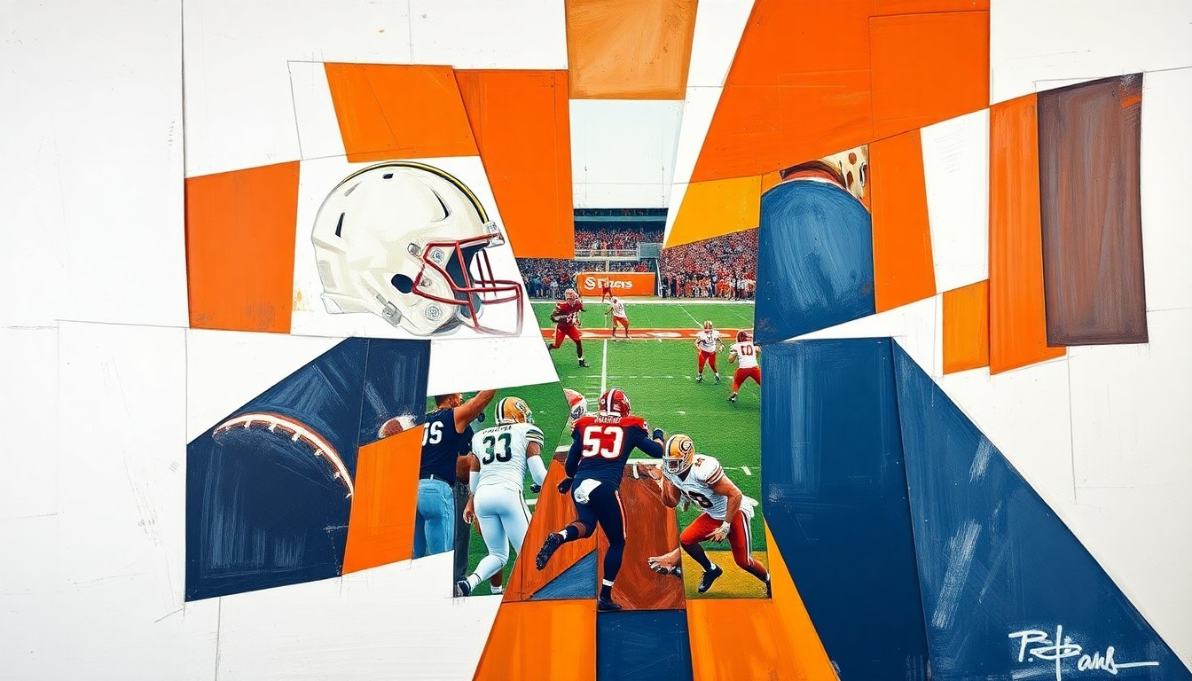 A cubist, geometric painting depicting fragmented and overlapping shapes and planes in vibrant colors, representing the complex dynamics of college football and the ongoing debate over academic standards.
