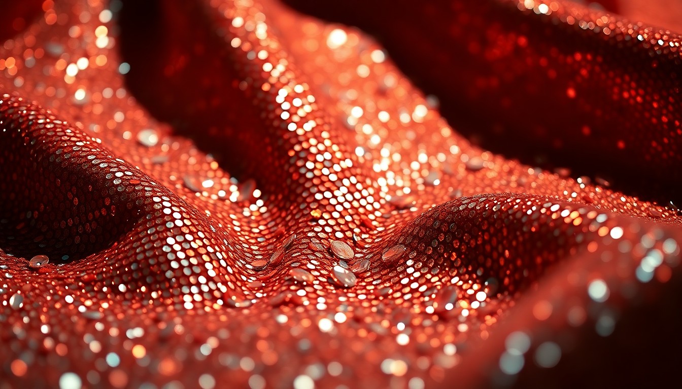 An extreme close-up of shimmering, textured fabrics in a high-contrast, high-fashion style, conceptually representing the luxurious and celebratory nature of Ella Langley