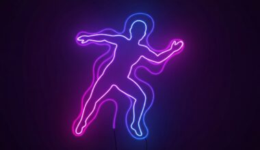 A glowing neon outline of a human figure in a dynamic, energetic pose, surrounded by pulsing lines of vibrant purple, pink, and blue, conceptually representing the spirit of a community coming together to support those affected by lupus.