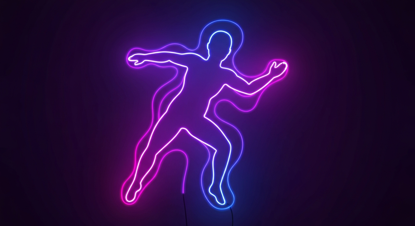 A glowing neon outline of a human figure in a dynamic, energetic pose, surrounded by pulsing lines of vibrant purple, pink, and blue, conceptually representing the spirit of a community coming together to support those affected by lupus.