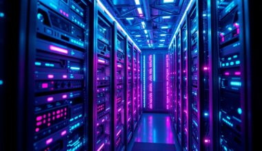 A highly detailed, glowing 3D macro illustration of a futuristic data center server rack, with neon cyan and magenta lights illuminating the intricate hardware components, conceptually representing the powerful computing power behind the latest AI advancements.