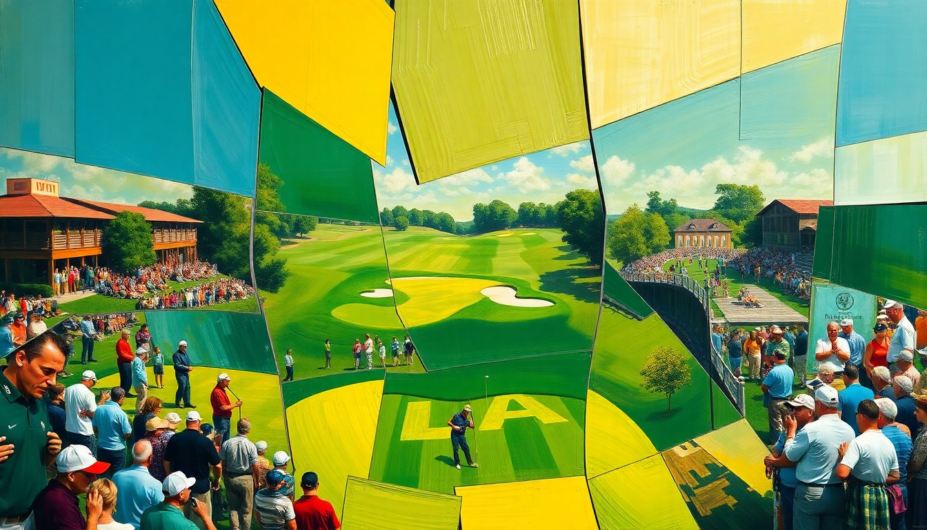 A cubist, geometric painting depicting a fractured, multi-perspective scene of a PGA Tour golf tournament, with players, spectators, and the course itself broken down into sharp, overlapping planes of emerald green, sky blue, and golden yellow.