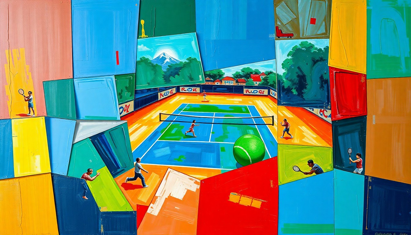 A fragmented, abstract painting depicting the dynamic movements and competitive energy of a tennis match or softball game, rendered in a cubist style with sharp, overlapping geometric shapes and vibrant colors.
