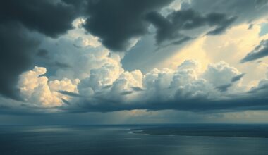 A sweeping, atmospheric landscape painting depicting a dramatic, stormy sky over the Corpus Christi coastline, with heavy clouds and dramatic lighting dominating the scene and dwarfing any physical structures or objects.