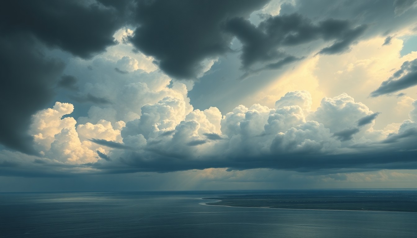 A sweeping, atmospheric landscape painting depicting a dramatic, stormy sky over the Corpus Christi coastline, with heavy clouds and dramatic lighting dominating the scene and dwarfing any physical structures or objects.