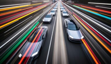 A blurred, abstract image of a fleet of Tesla Cybercabs in motion, conveying a sense of speed, modern engineering, and the future of transportation.