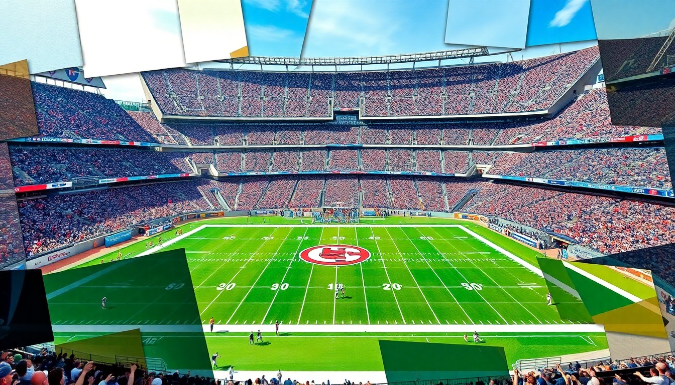 A fragmented, cubist-style painting depicting a football game at AT&T Stadium, with the players, field, and stadium architecture broken down into sharp, overlapping geometric shapes and planes of vibrant color.
