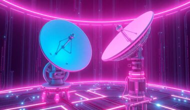 A highly detailed, glowing 3D illustration of futuristic satellite dishes and data center infrastructure, emitting neon cyan and magenta lights, conceptually representing the convergence of electric vehicles, AI, and space exploration.