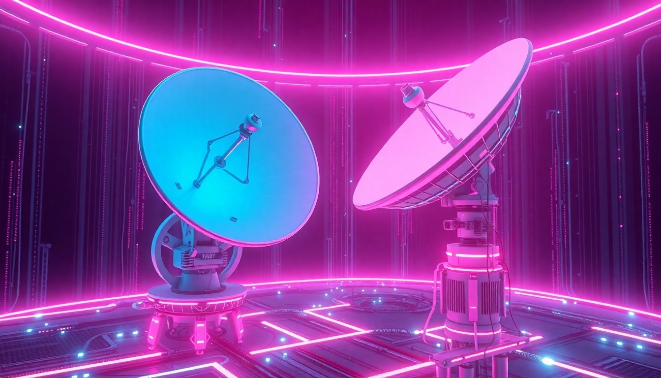 A highly detailed, glowing 3D illustration of futuristic satellite dishes and data center infrastructure, emitting neon cyan and magenta lights, conceptually representing the convergence of electric vehicles, AI, and space exploration.