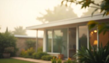An extremely abstracted, out-of-focus photograph shot through condensation or rain-streaked glass, depicting the exterior of a mid-century modern home with lush greenery and a glimpse of a patio or yard in the foreground, conveying a sense of warmth and tranquility.