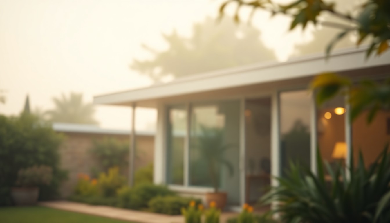 An extremely abstracted, out-of-focus photograph shot through condensation or rain-streaked glass, depicting the exterior of a mid-century modern home with lush greenery and a glimpse of a patio or yard in the foreground, conveying a sense of warmth and tranquility.