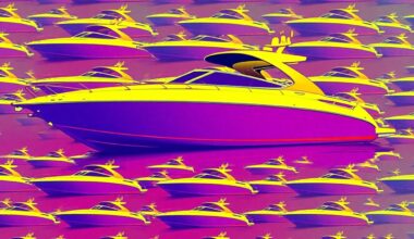 A brightly colored, high-contrast silkscreen print of a luxury speedboat repeated in a tight grid pattern, utilizing flat, vibrant, and unnatural neon color palettes overlapping with heavy black photographic outlines to turn an iconic watercraft into modern pop art.