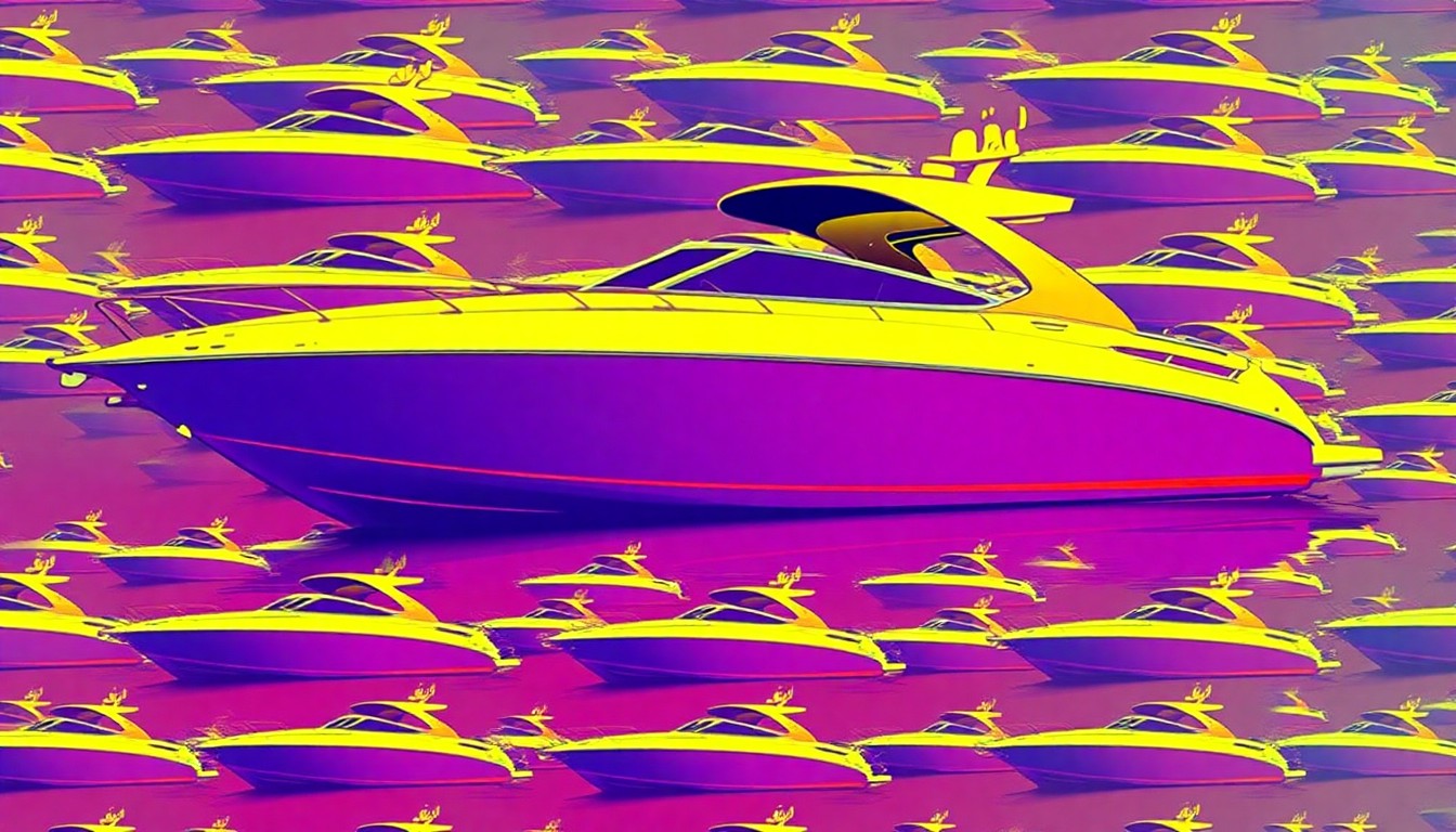 A brightly colored, high-contrast silkscreen print of a luxury speedboat repeated in a tight grid pattern, utilizing flat, vibrant, and unnatural neon color palettes overlapping with heavy black photographic outlines to turn an iconic watercraft into modern pop art.