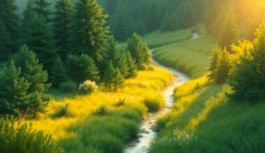 An abstract, out-of-focus photograph depicting a serene, natural landscape with a winding creek and dense, verdant foliage, conveying a sense of tranquility and connection to the great outdoors.