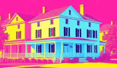 A brightly colored, high-contrast silkscreen print of a classic white stone house with a large front porch, repeated in a tight grid pattern in the style of Andy Warhol.