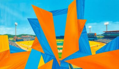 A cubist, geometric painting depicting a college softball game, with overlapping planes of bright colors representing the dynamic action and energy of the sport.
