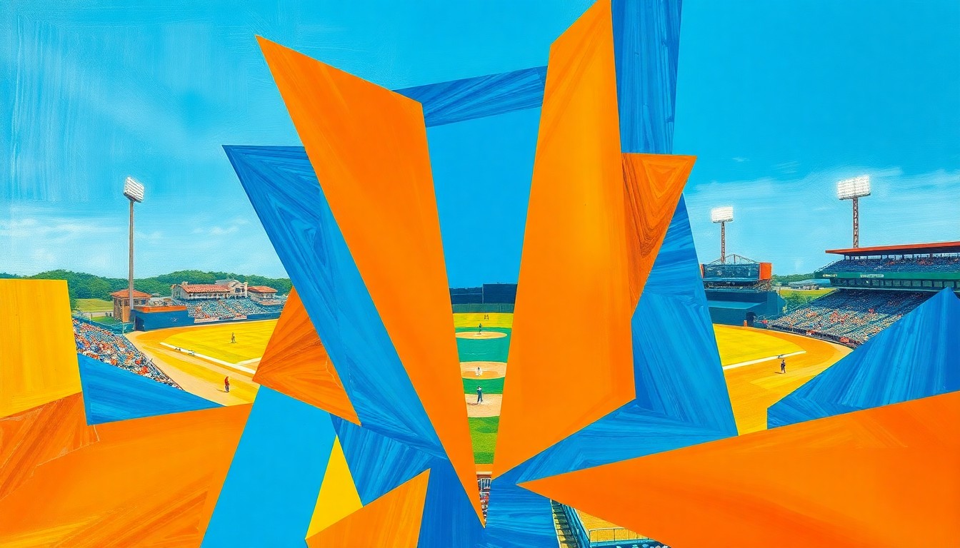 A cubist, geometric painting depicting a college softball game, with overlapping planes of bright colors representing the dynamic action and energy of the sport.