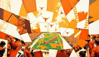 A cubist, geometric painting depicting a Texas Longhorns football game, with sharp, overlapping planes of burnt orange and white colors capturing the dynamic energy of the sport.