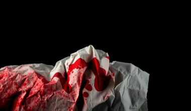 An extreme close-up photograph of a crumpled, blood-stained piece of paper or fabric, lit by a harsh, direct camera flash against a pitch-black background, conveying the gritty, investigative nature of this violent crime.