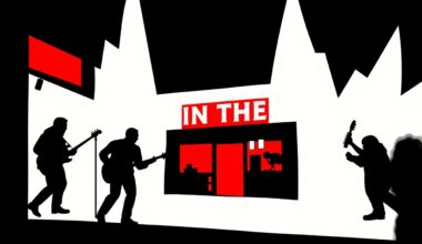 An abstract, minimalist composition featuring bold, jagged shapes in striking red and white, conceptually representing the iconic Hole in the Wall dive bar and the preservation of Austin